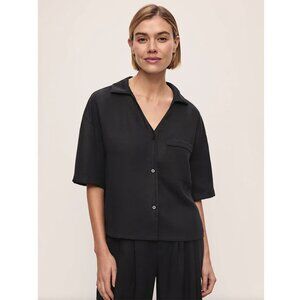 EBERJEY Womens Relaxed Button Front Top S Tencel Woven Black Short Sleeve